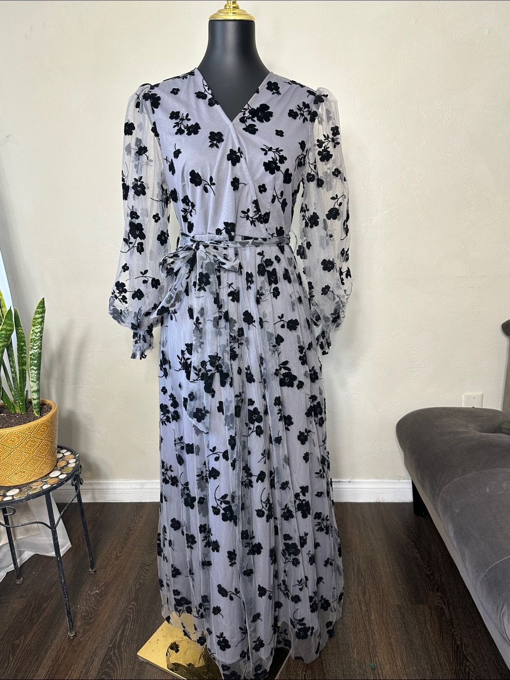 SHEIN Black Floral Mesh Wrap Maxi Dress on Light Gray Base